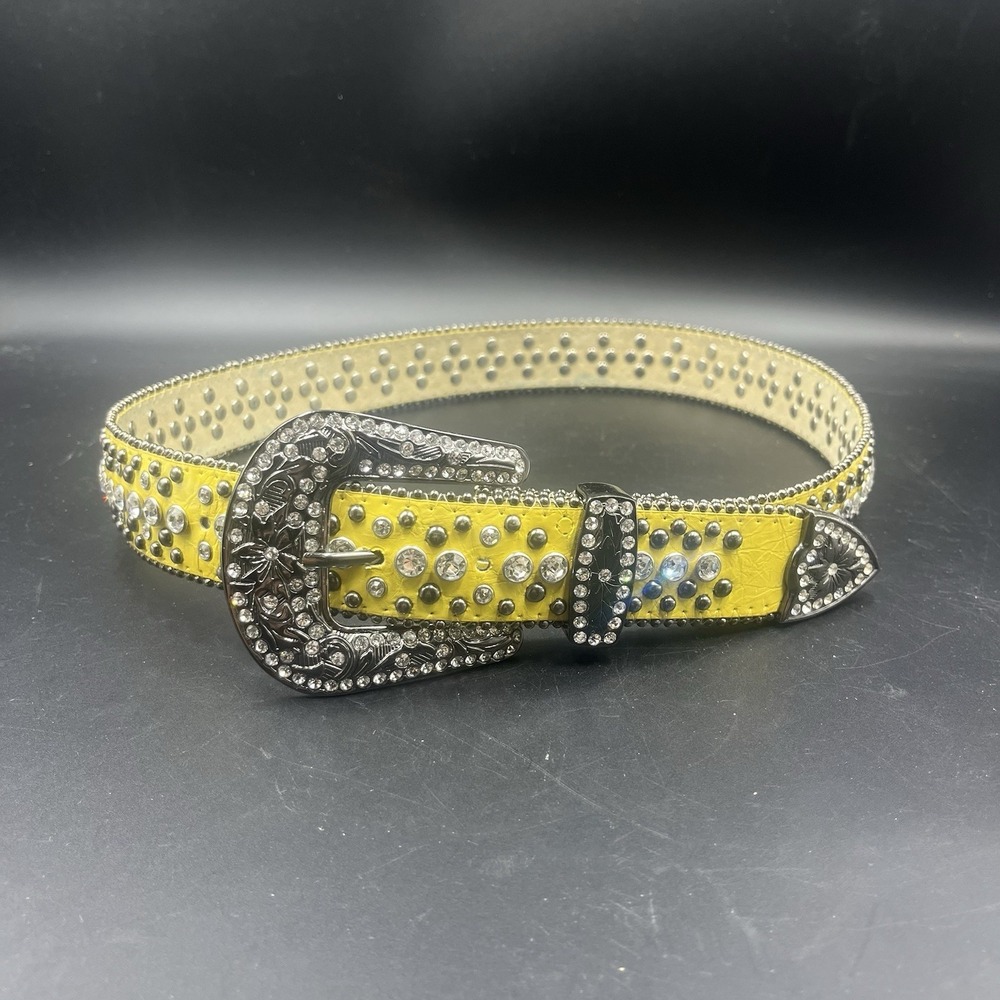 b.b.simon Brown Studded Rhinestone Western Belt Silver Buckle Size M/L 42" long